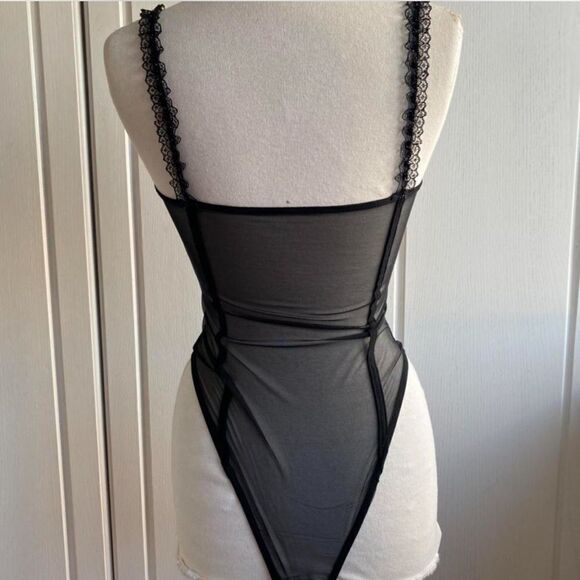 Black Mesh Bodysuit with Lace Straps and Ruffled Cup Details - Picture 7 of 8